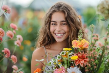 Naklejka premium Beautiful smiling woman holding flowers bouquet in a field
