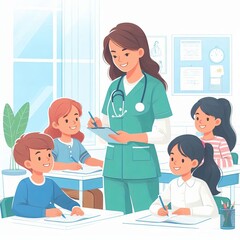 School health worker conducts survey. Nurse tells students information about health and hygiene