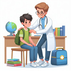 Nurse helps student. Character worries about child at school. Concept of support, help, care