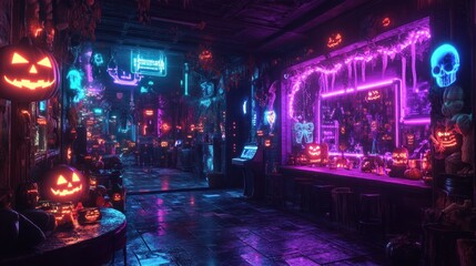 Obraz premium Neon Halloween Bar: A Glowing Interior with Pumpkins and Neon Signs.