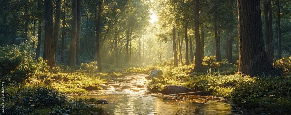Poster serene forest stream with sunlight filtering through trees