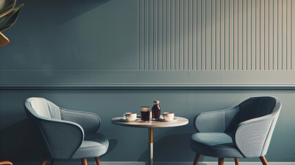 A modern 60s inspired afternoon tea setup featuring two stylish chairs and round table. serene atmosphere is perfect for relaxation and enjoying warm beverage