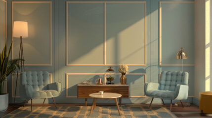 A modern 60s inspired afternoon tea mock up featuring cozy living room with stylish furniture, soft lighting, and elegant decor. serene atmosphere invites relaxation and enjoyment