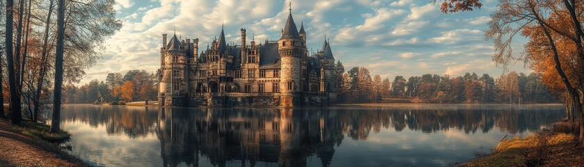 Fototapeta premium Stunning Castle Reflecting on Serene Water