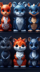 Fototapeta premium Cute cartoon animal figurines in various colors and poses.