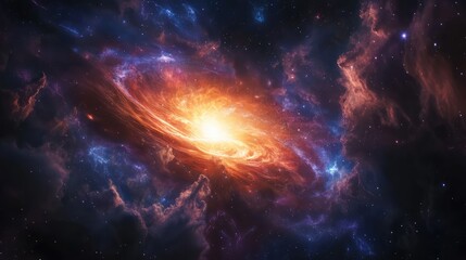 Fototapeta premium A glowing 3D quasar at the heart of a distant galaxy, surrounded by swirling clouds of gas.