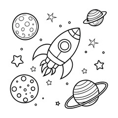rocket in space around planets coloring page for kids
