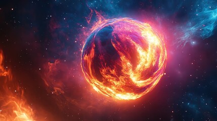 Obraz premium A glowing 3D sphere of fire floating in space, with bright, flickering flames burning in vibrant colors.