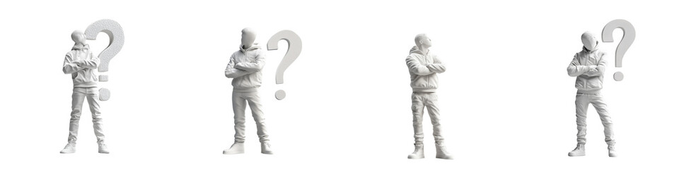 set of Human Mysterious Complex Questions, 3D Little People - Complex Questions, Complex Problems, Complex Questions Answers, Human Complex Challenges, on a transparent backgrounds 