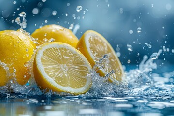 Fresh yellow lemons splashing into water