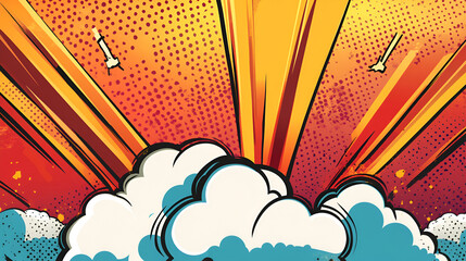 comic abstract pop art background with thunder. Comic pattern with starburst and halftone  a comic cloud emerges from the vibrant blue sky, showcasing a unique blend of light beige and orange hues

