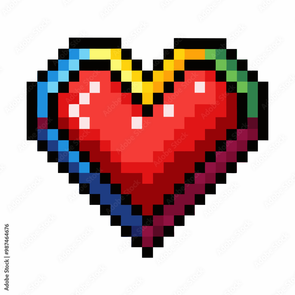 Poster pixelated heart icon with rainbow outline for 8 bit game design and digital art
