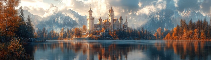 Naklejka premium Scenic Castle Landscape with Reflection in Water