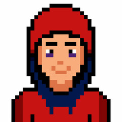 Fototapeta premium Pixel Art Portrait of Person in Red Winter Coat with Hood and Blue Scarf
