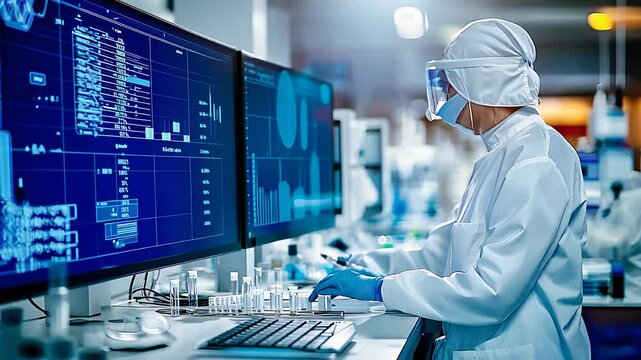 Scientist working in a high-tech laboratory, analyzing digital data on large screens, representing biotechnology, innovation, and medical research.

