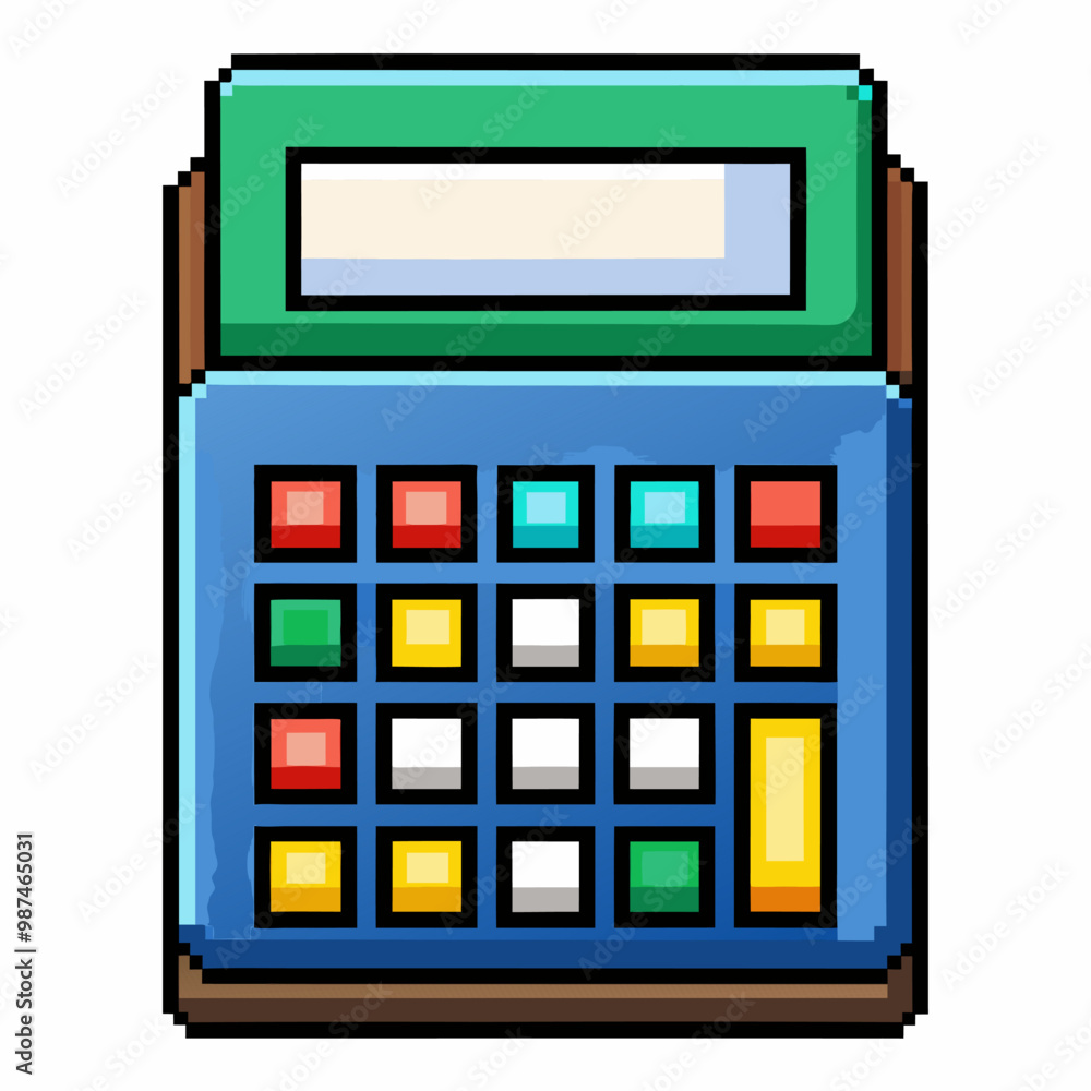 Poster pixel art calculator icon with colorful buttons retro digital design for financial apps