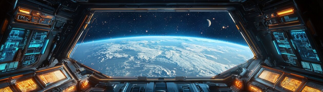 Futuristic Interior of a Spacecraft with Earth View