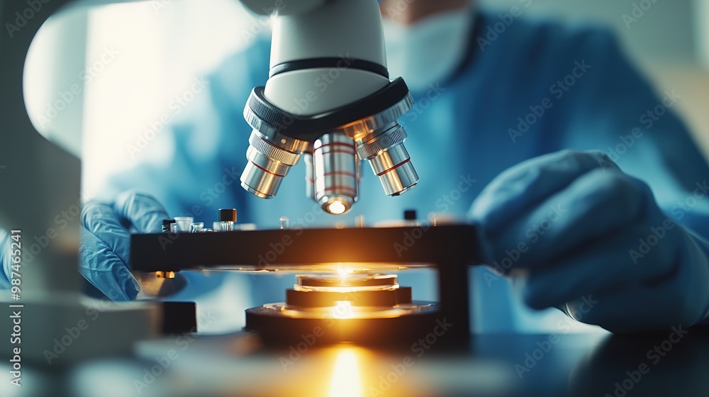 Poster a close-up view of a microscope being used in a laboratory, highlighting scientific research and exp