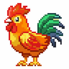 Colorful Pixel Art Rooster Illustration with Vibrant Feathers in Retro Style