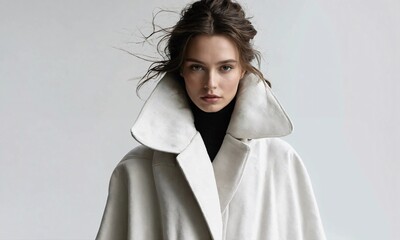 Chic in White: A stunning model commands attention in a stylish white coat, her gaze captivating and confident.