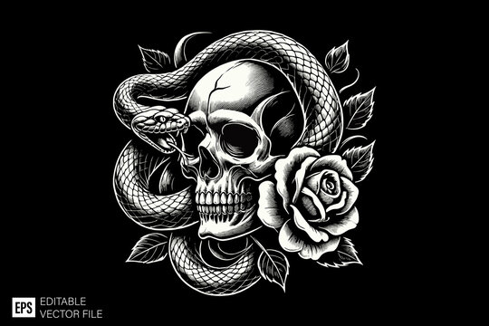 skull head with snake dark art style vector design black and white illustration