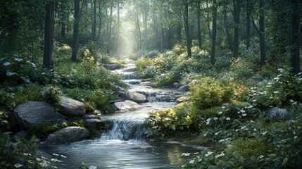 Obraz premium Tranquil Forest Stream with Lush Greenery