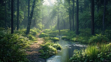 Obraz premium Serene Forest Pathway in Morning Light