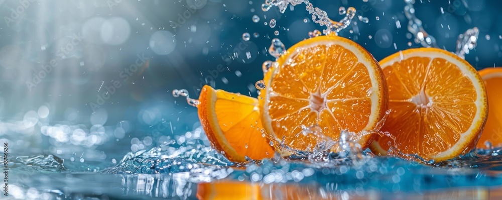 Poster sliced oranges splashing in water on blue background