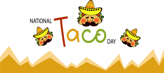 National taco day. Png template for menu mexican cafe, bar,  restaurant, party. Funny Taco character  doodle, traditional Mexican food, vector illustration on transparent background.