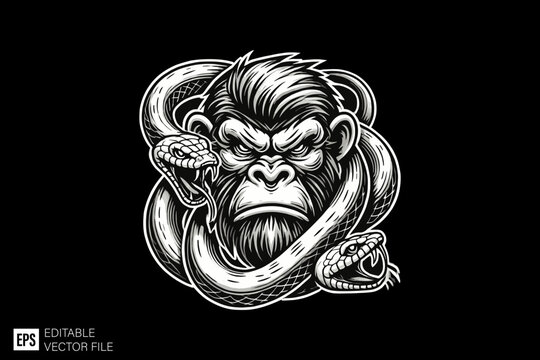 angry ape dark art style vector design black and white illustration