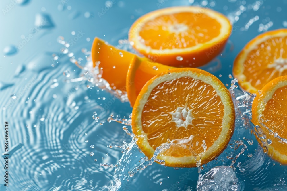 Poster sliced oranges splashing into water