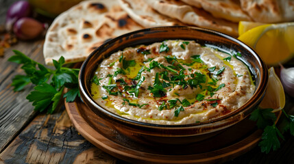 Delicious Hummus with Pita Bread and Parsley
