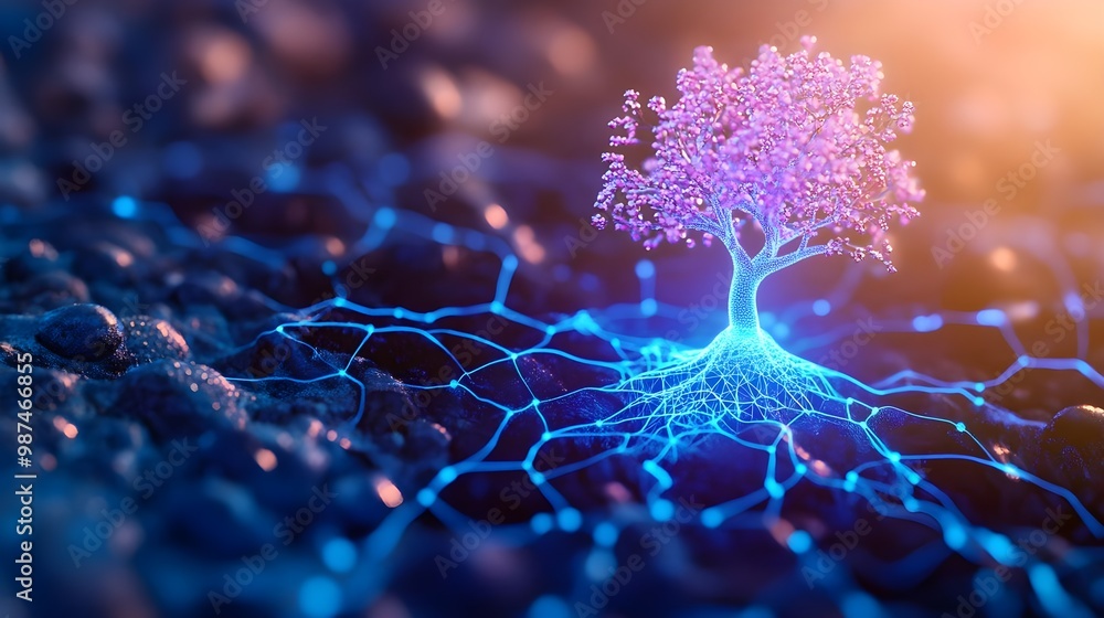 Aufkleber tree with glowing roots on abstract background