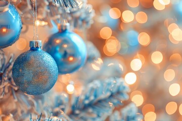 Sparkling blue christmas ornaments with warm bokeh lights