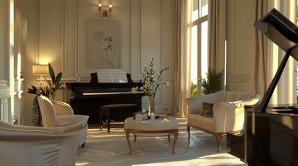 A modern piano room illuminated by soft lighting