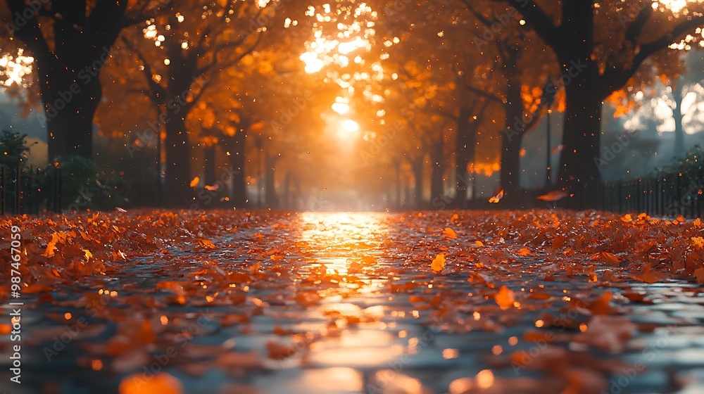 Poster a path lined with trees in autumn, with leaves falling and the sun shining through the branches.