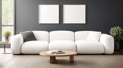 This contemporary living room features gray walls, a comfortable sofa with yellow cushions, a glass coffee table, and vibrant plants, creating a tranquil and inviting atmosphere