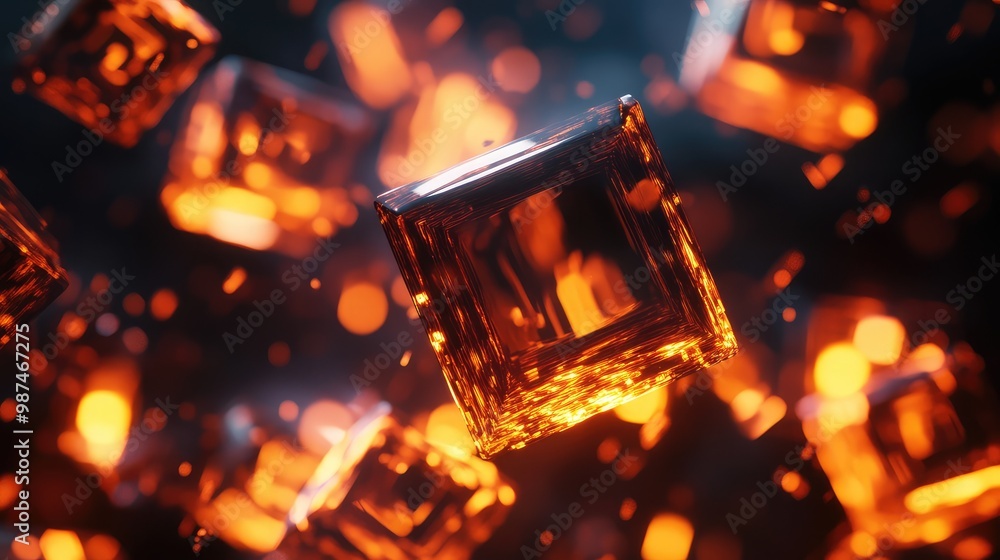 Poster floating 3d cubes with edges made of flickering fire, burning in a geometric, abstract design.