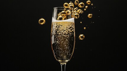   Close-up shot of a champagne glass topped with a cluster of golden balls