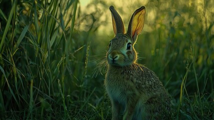 Obraz premium A close-up of a rabbit in a field surrounded by green grass and the bright sun illuminating the backdrop with trees