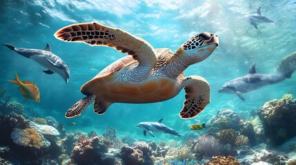 Turtle swimming in vibrant coral reef.