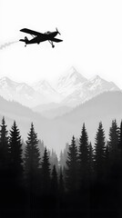 Fototapeta na wymiar A black-and-white, simple vector graphic of an old plane flying over the mountains