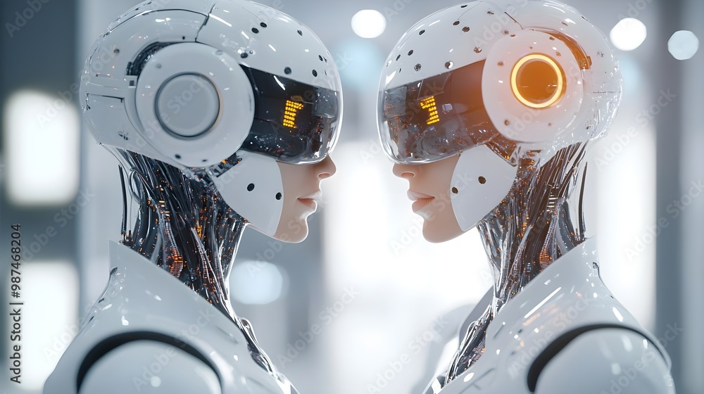 Poster two humanoid robots facing each other