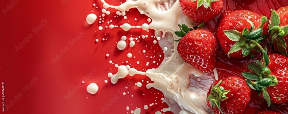 Poster strawberries splashing into milk on a red background