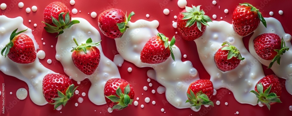 Poster strawberries splashing into milk on a red background
