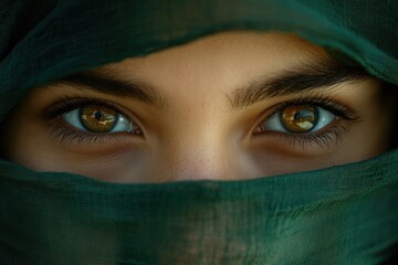 Close-up of a beautiful woman's eyes, with a green hijab. The irises have a hazel color. The face is wrapped, creating a moody, atmospheric, and mysterious effect.