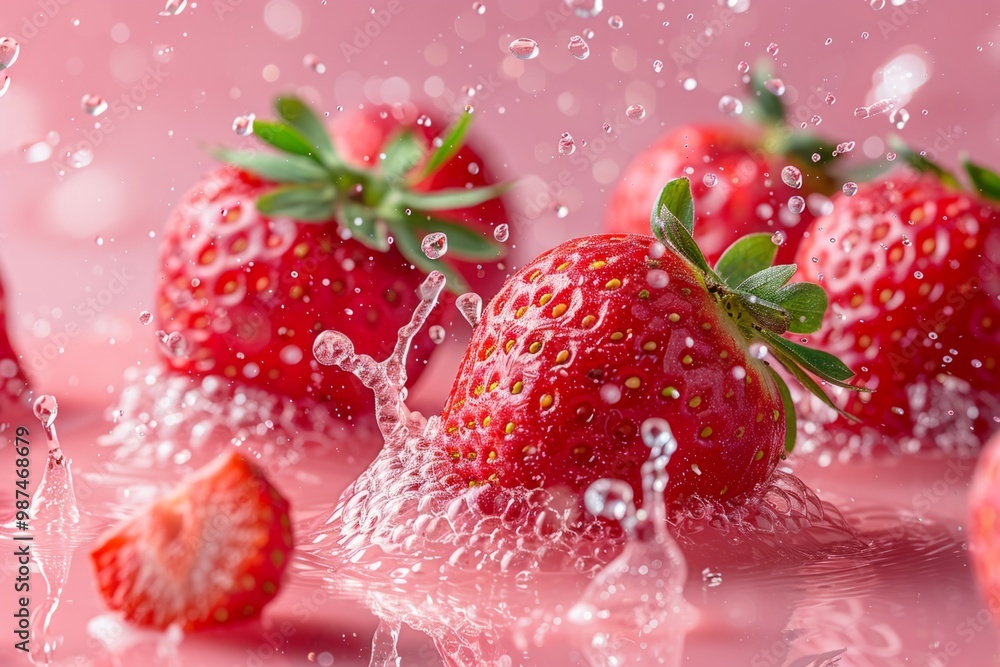 Poster strawberries splashing into pink water creating refreshing splashes