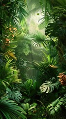 Jungle foliage across all sides with blank space, black background, high contrast, soft gradient.