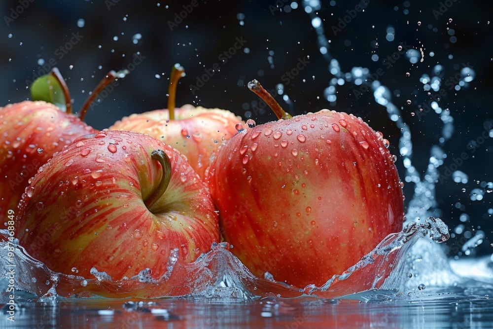 Poster fresh red apples being splashed with water