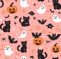 Halloween-themed patterns featuring cats, ghosts, and pumpkins